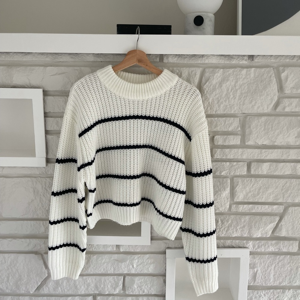 Oak + Fort Sweater, White & blue stripes | Size S